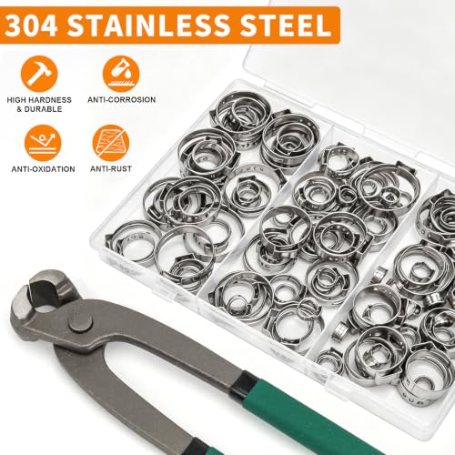 135PCS Sieqioor 9 Sizes Single Ear Clamp Kit,304SS 5.3-26mm, With Pincer | 304 Stainless Steel Single Ear Hose Clamp, Stepless Hose Clamps Cinch Rings for Automotive, Home Appliance Line and Plumbing - size: 135pcs+1pcs Pincer