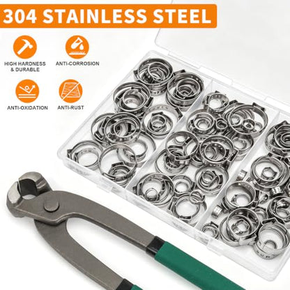 135PCS Sieqioor 9 Sizes Single Ear Clamp Kit,304SS 5.3-26mm, With Pincer | 304 Stainless Steel Single Ear Hose Clamp, Stepless Hose Clamps Cinch Rings for Automotive, Home Appliance Line and Plumbing - size: 135pcs+1pcs Pincer