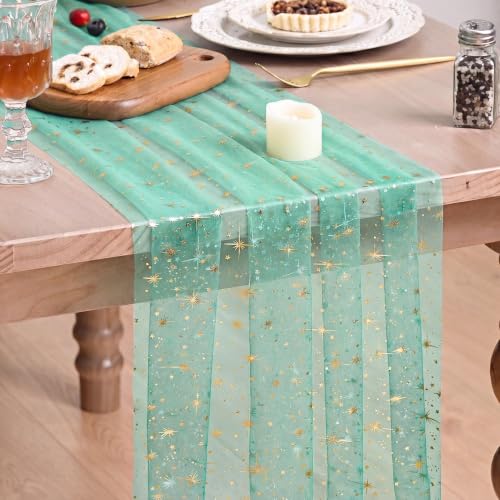 Artoid Mode Silver Stars Turquoise Gauze Table Runner 10FT, Reversible Glitter Sheer Dining Wedding Holiday Birthday Table Decor for Home Party - color: Turquoise, size: 28" x 120"