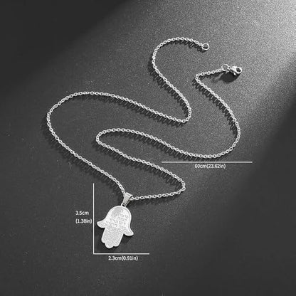 Jewish Hamsa Hand Hebrew Text Pendant Chain Necklace for Women | Hamsa hand engraved with hebrew text & star of david, symbolizes protection, ideal birthday holiday gift jewelry for women - color: silvery
