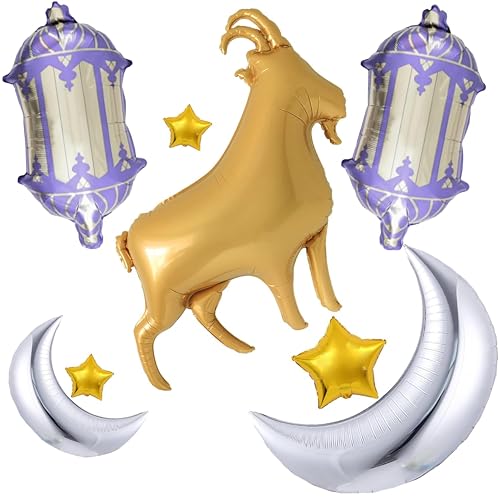 8PCS Eid Mubarak Balloons,Eid Al Adha Decorations,Eid Gifts for Kids,Gold Goat Balloon, Purple Lantern, Silver Moon & Gold Star Foil Balloons for Eid Mubarak Party