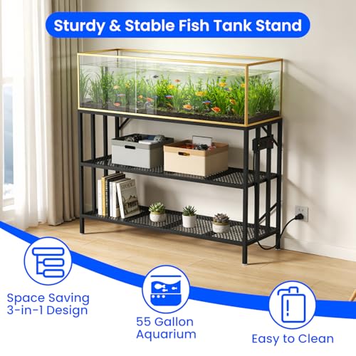 55-75 Gallon Fish Tank Stand with Power Outlet, Heavy Duty Metal Aquarium Stand, 3-Tier Adjustable Storage Shelf for Home and Office, 1000LBS Capacity, Black (Tank not Included) - size: 55-75 Gallon with Power Outlet