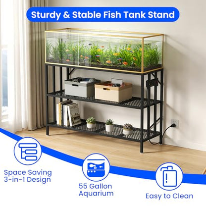 55-75 Gallon Fish Tank Stand with Power Outlet, Heavy Duty Metal Aquarium Stand, 3-Tier Adjustable Storage Shelf for Home and Office, 1000LBS Capacity, Black (Tank not Included) - size: 55-75 Gallon with Power Outlet