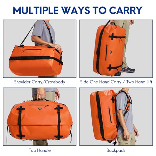 Haimont IPX7 Waterproof Roll-Top Dry Duffel Backpack | 60L/90L Sizes, 500D Tarpaulin, Welded Seams, Mesh Pockets, Boating & Kayaking - color: Orange, size: 90L