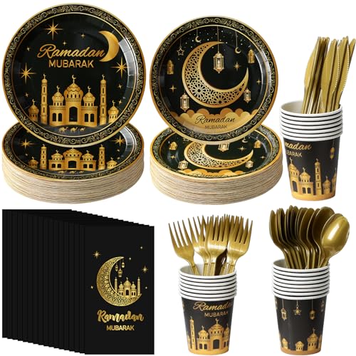 Ramadan Party Supplies Decorations for Home Serve 50, Eid Mubarak Ramadan Black and Gold Plates and Napkins Set, Disposable Paper Plates Napkins Cups Knives Spoons Forks for Ramadan Party Decorations