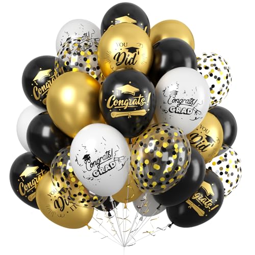 Paready Graduation Balloons, 60 Pcs Black Gold Print for Grad Party Decor - color: Grad