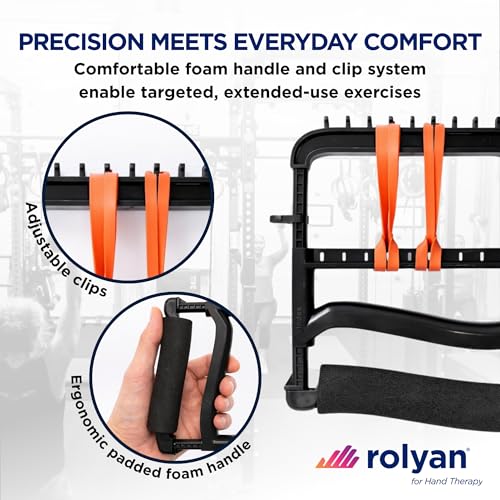Rolyan Ergonomic Hand Exerciser with Padded Handle, Adjustable Squeeze Tool, 4 Pairs of Rubber Bands for Progressive Resistance, Improves Hand Grip Strength in Fingers, Hand, & Thumb, Black - color: Black, style: Padded Handle