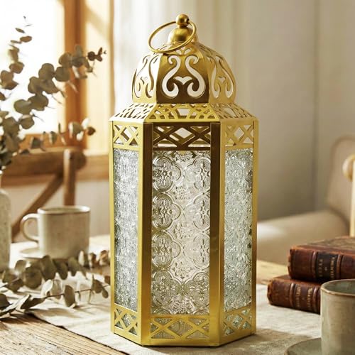 VELA LANTERNS Large Gold Metal Decorative Moroccan Lantern Candle Holder Lamp - Indoor/Outdoor, Home Decor, Patio, Weddings, Christmas - color: Gold/Clear, size: Large