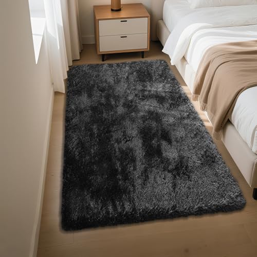 Fluffy Rug Shag Area Rug, Black 3x5 Area Rugs for Bedroom, Small Bedside Rug, Soft Fluffy Shag Entryway Throw Rugs for Living Room Bedroom Room Home Decor - color: Black, size: 3' x 5' (Rectangular)