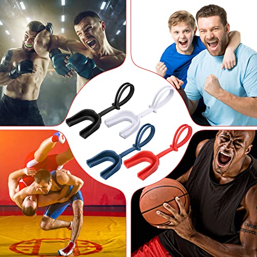 8 Pieces Strapped Mouth Guard Sports Mouthguard with Strap Soft Football Mouthpiece for Adults Youth Basketball Boxing MMA Lacrosse Hockey Wrestling (Red, White, Black, Dark Blue) - color: Red, White, Black, Dark Blue