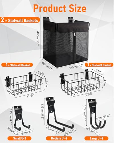 ZORUNNA 2PCS Slatwall Basket, 2PCS 16x15x11 Inch Mesh Slat Wall Basket with Zipper, 6 PCS Heavy Duty Hook Slatwall Accessories, Easy to Install Garage Shop Gym Toy Display Storage. - size: 16x15x11'+ 2*Metal Basket