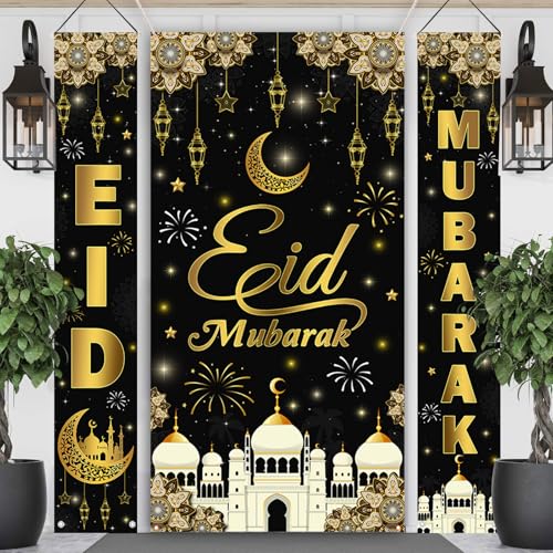 AIBIIN 3PCS Eid Mubarak Banners Decorations for Home Black Eid Mubarak Door Porch Sign Decorations Banner Muslim Ramadan Kareem Banner Decor Wall Hanging Decor - color: Gold Black Eid Mubarak