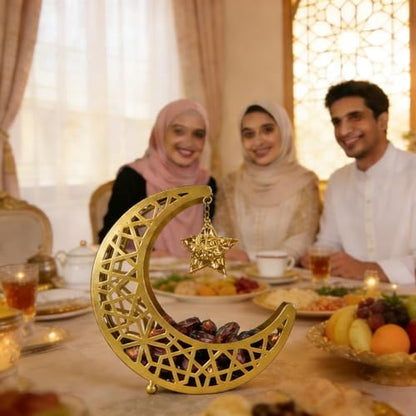 Ramadan Decoration Ramadan Trays, Metal Eid Mubarak Plates Moon Star Serving Trays Food Storage Containers Dinner Plate Dessert Platters Crescent Display Tray Holder for Eid Party Favor