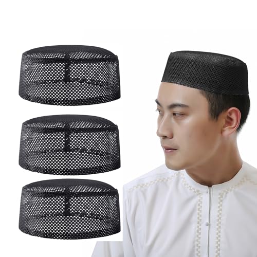Mens Embroidered Kufi Muslim Prayer Hat Soft Islam Religious Arabic Cap - color: Mesh/3pcs/Black, size: Medium