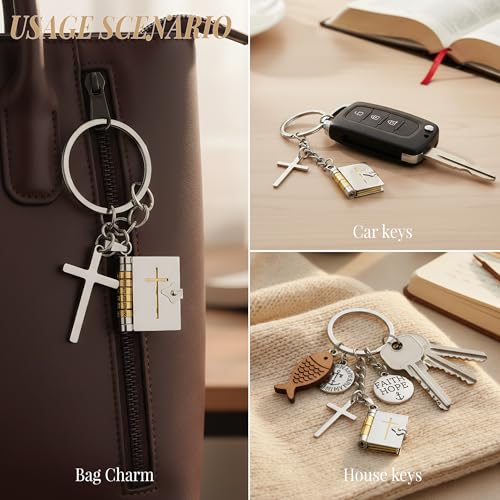 Bible Verse Keychain, Openable Scripture Book Keyring with Cross Charm, Christian Gifts for Women Men, Religious Faith Jewelry, Inspirational Graduation Baptism Birthday Gift (Silver & Gold)
