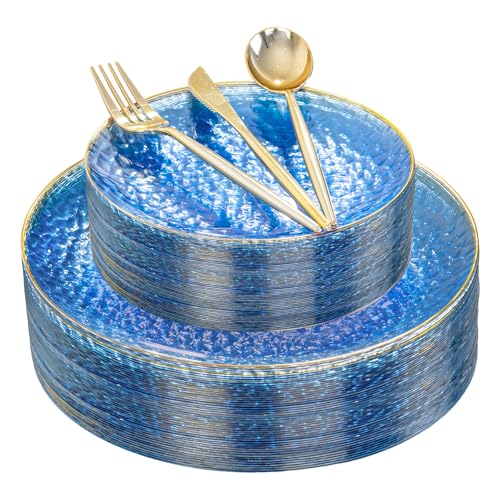 Rubtlamp 150Pcs Blue Plastic Plates, Gold Plastic Dinnerware Set For 30 Guest, Hammered Heavy Duty Plates with Gold Rim Include 30Dinner Platos, 30Salad Platos,90 Cutlery - color: Blue gold
