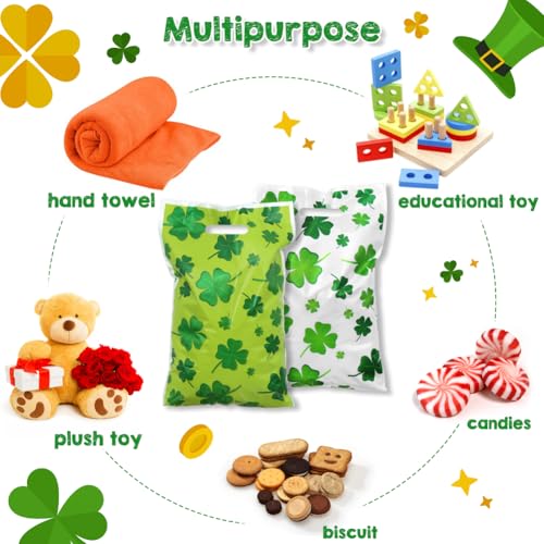40pcs St. Patrick's Day Four-leaf Clover Gift Bags with Die Cut Handle, Green and White Double-side Color Print Lucky Cellophane Plastic Candy Cookie Treat Goodies Bag Saint Patricks Day Party Favor
