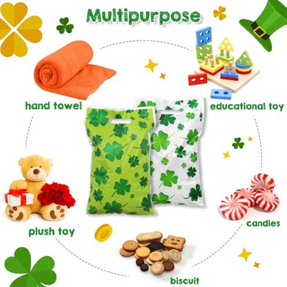 40pcs St. Patrick's Day Four-leaf Clover Gift Bags with Die Cut Handle, Green and White Double-side Color Print Lucky Cellophane Plastic Candy Cookie Treat Goodies Bag Saint Patricks Day Party Favor