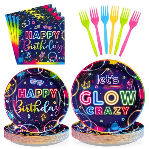 Grencian 96Pcs Neon Party Supplies Let's Glow Party Decorations Glow In The Dark Colorful Plates and Napkins Tableware Neon Birthday Decorations for Baby Shower Game Black Night Themed Favors Serve 24 - style: Neon Glow Party Plates