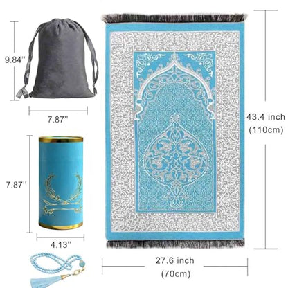 Portable Muslim Prayer Rug and Beads with Gift Box, Soft Islamic Prayer Mat,Travel Praying Mat for Men and Women, Prayer matt Islam Gifts Set, Sajadah/Janamaz/Seccade/سجادة صلاة (Aqua Blue) - color: Aqua Blue