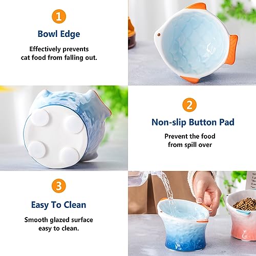 Tioncy 2 Pcs Raised Tilted Ceramic Cat Food Bowl Fish Shape Cute Elevated Slanted Shallow Angled Cat Dish Non Slip Feeder Bowl for Anti-Vomiting and Whisker Fatigue(Blue, Pink) - color: Blue, Pink