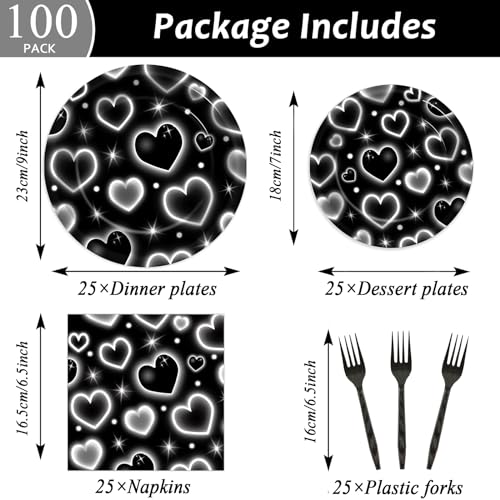Qyeahkj 100 Pcs 2000s Party Plates Napkins Forks Set Black Heart Tableware Supplies Y2k Theme Birthday Party Decoration Early 2000s Dinnerware Decorations Favors for Birthday Party Serve 25 - style: 2000s black heart