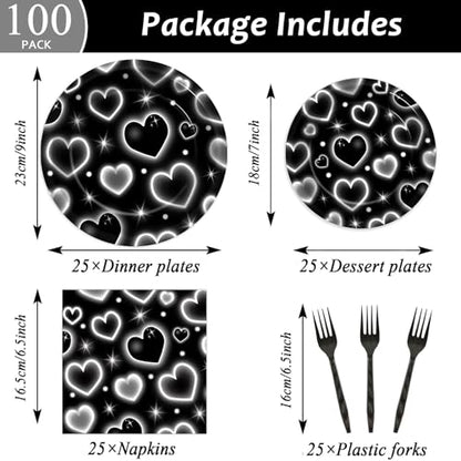 Qyeahkj 100 Pcs 2000s Party Plates Napkins Forks Set Black Heart Tableware Supplies Y2k Theme Birthday Party Decoration Early 2000s Dinnerware Decorations Favors for Birthday Party Serve 25 - style: 2000s black heart