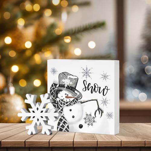 Smile Christmas Indoor Decor, Snowflake Snowman Square Sign Wooden Sign for Desk Table Shelf Office Farm Decoration Kitchen 5 x 5 Inches. - style: Snowman