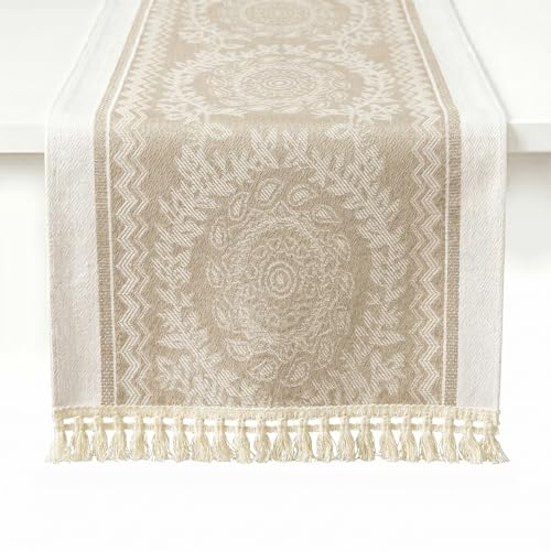 Table Runner, 13.8 x 72 Inch, Jacquard Woven with Tassels - color: Polyester-natural Beige