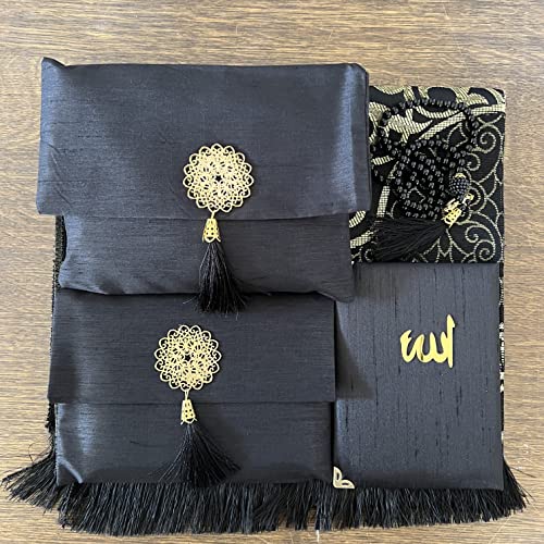 Muslim Prayer Rug, Bag&Yaseen Surah Pocket-Size Book, Bag&Prayer Beads Set I Perfect Islamic Gift I Prayer Rug Travel I Muslim for Men&Women I Soft Islamic Mat | Luxury Islamic Gifts (1 Set, Black) - color: Black, size: 1 Set