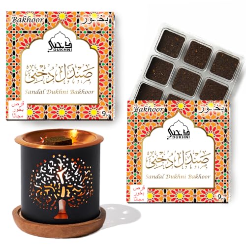 Dukhni Sandal Bakhoor Set | 2 x 9 Piece Each & Tree of Life Bakhoor Burner | Arabic Incense, Sandalwood Aroma, Grounding Woody Scent | Relax & Meditate, Home Fragrance, Home Aromatherapy