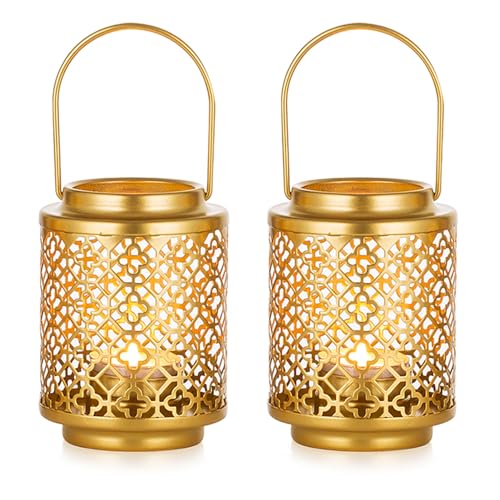 NUPTIO Decorative Candle Lanterns Gold: 2 Pcs Hanging Metal Tea Light Candles Holder 4.1inch Small Vintage Tealight Lantern Centerpiece for Christmas Wedding Party Table Decorations (Style 1) - size: Style 1 - 2 Pcs