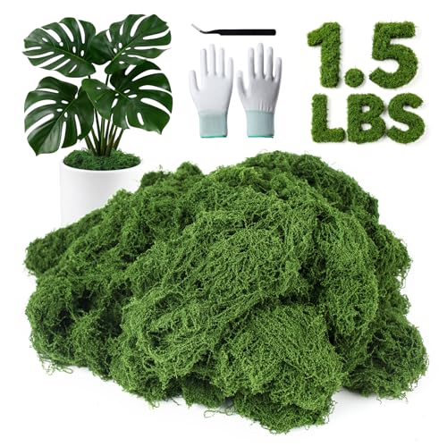 MGLIFEUL 1.5LB Fake Green Moss for Plants Indoor with Gloves and Tweezers | Artificial Faux Moss for Craft DIY Table Centerpieces Living Walls Fairy Garden Indoor Outdoor Home Decorating Model Making - color: Dark Green, size: 1.5 LBS