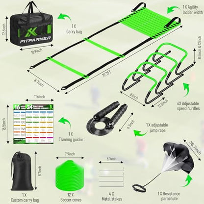 Agility Ladder, Soccer Football Training Equipment Set - 20ft Speed Ladder, 4 Hurdles,Parachute, 12 Cones & Jump Rope | Agility & Speed Training for Kids Youth Adults,Basketball & Football Accessories - color: Green