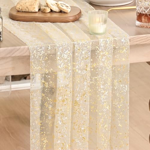 Artoid Mode Gold Gauze Champagne Table Runner 120 Inch 10FT, Glitter Metallic Foil Sheer Dining Wedding Anniversary Holiday Birthday Table Decor for Home Party - color: Champagne, size: 28" x 120"