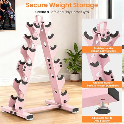 TomCare 6-Tier|5-Tier|4-Tier|2-Tier Dumbbell Rack Stand Only for Home Gym | Stable A-Frame, Fits 5–35 lb Dumbbells, Protective Padded Cradles, Adjustable Feet, Easy-Carry Handle (Stand Only) - color: Pink, size: 6 Tier