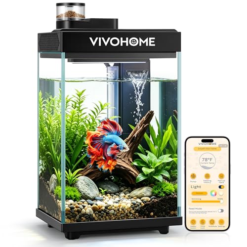 VIVOHOME 2 Gallon Smart Fish Tank with APP Control and Auto Feeder | Aquarium Starter Kit with Filter and Pump, Temperature Display, RGB LED Light, Desktop Nano Aquascape Tank for Shrimp, Betta - size: 2 Gallon