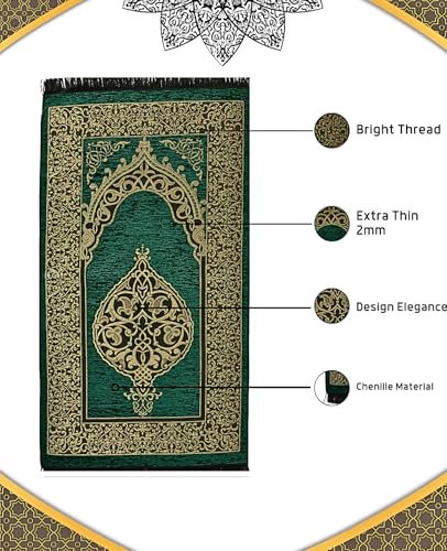 Prien Prayer Rug with Tasbih | Muslim Carpet | Praying Mat with Prayer Beads | Islamic Gifts for Women Men | Islam Portable Pray Set for Travel Kids Ramadan Namaz Hajj Umrah (Green) - color: Green