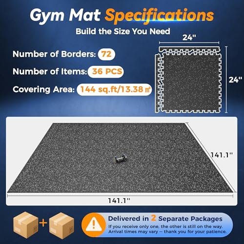 SUPERJARE 1" Extra-Thick Rubber Top Exercise Mat, Puzzle Gym Flooring for Home Gym, Gym Mat for Workout Equipment, Interlocking Floor Tiles with EVA Foam, 36 Pcs 144 Sq Ft, Black/Grey - size: 36 Tiles (144 Sq Ft)
