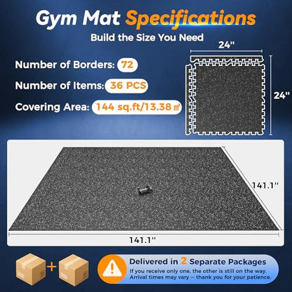SUPERJARE 1" Extra-Thick Rubber Top Exercise Mat, Puzzle Gym Flooring for Home Gym, Gym Mat for Workout Equipment, Interlocking Floor Tiles with EVA Foam, 36 Pcs 144 Sq Ft, Black/Grey - size: 36 Tiles (144 Sq Ft)