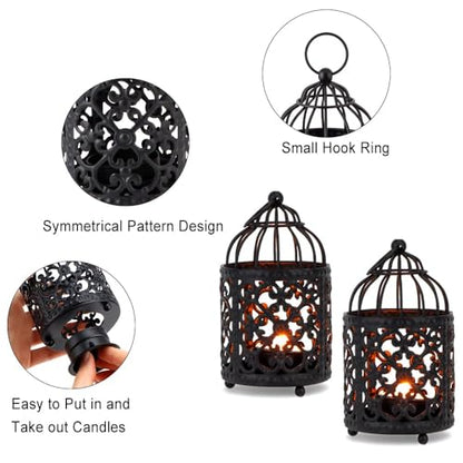 JHY DESIGN 6 Pcs 5.5 inch Height Small Metal Candle Stick Holder Hanging Birdcage Tealight Lantern Hollow Candle Holders for Table Valentine Patio Indoor Outdoor Gifts(Black)