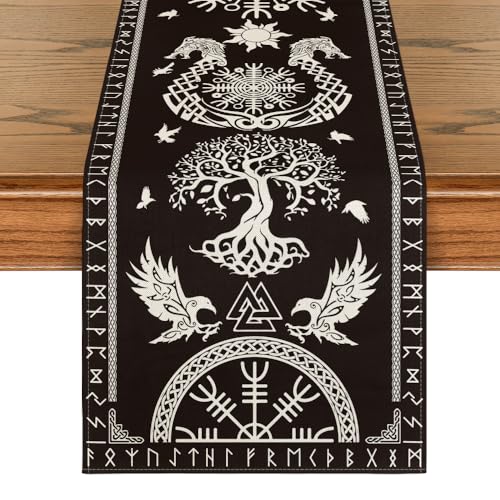 Artoid Mode Black Viking Tree of Life Raven Helmet of Awe Table Runner, Seasonal Kitchen Dining Table Decoration for Home Party Decor 13x36 Inch - color: Black, size: 13" x 36", Table Runner