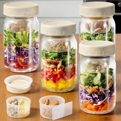 4 Pack Glass Salad Pod Mason Jar with Dressing Cup, 32 oz Salad Container to Go with Lids Meal Food Prep for Adults Lunch, Large Travel Mason Jar Bowl with 2 Insert Dressing & Topping Holder - color: 4 White Salad Jars (Not Side Open Design)