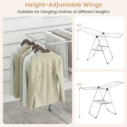 Tangkula Collapsible Clothes Drying Rack, 2-Level Folding Aluminum Drying Rack w/Height-Adjustable Wings, Bottom Shoe Rack, Space-Saving Laundry Drying Rack for Indoor & Outdoor Use, Silver