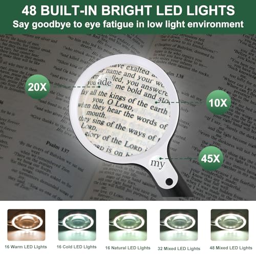 10X 20X 45X Magnifying Glass with 48 LED Light | Handheld Illuminated Lighted Magnifier with 5 Light Modes Rechargeable Magnifying Glass for Seniors Reading Inspection - color: Black Handle