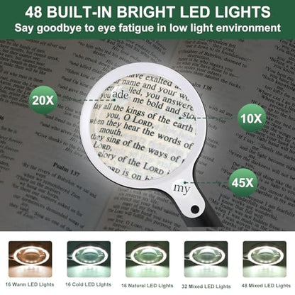 10X 20X 45X Magnifying Glass with 48 LED Light | Handheld Illuminated Lighted Magnifier with 5 Light Modes Rechargeable Magnifying Glass for Seniors Reading Inspection - color: Black Handle