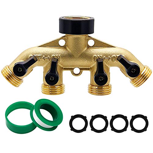 Biswing 4 Way Brass Hose Splitter, 3/4" Brass Hose Faucet Manifold, Garden Hose Adapter Connector, Hose Spigot Adapter with 4 Valves - size: 4 Way