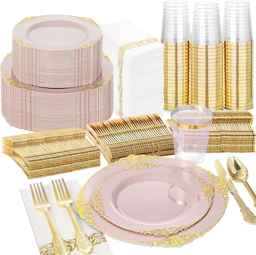 Nervure 350Pcs Pink Plastic Plates, Plastic Dinnerware Set for 50 Guests - color: Pink