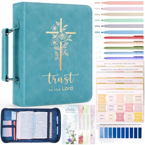 XKDOUS Bible Cover for Women Leather Bible Bag Large Book Carrying Case Kit - color: Skyblue & Golden Cross