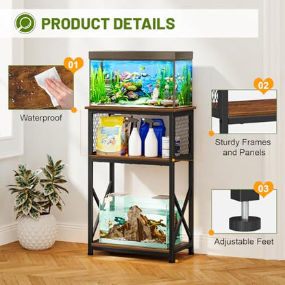 Snughome 10 Gallon Aquarium Stand, 3-Tier Storage Fish Tank Stand 220 lb Top, Fits 5/10 Gallon , Waterproof / Small Space, 20.47" x 11.42" x 30.91", Rustic Brown - color: Rustic Brown